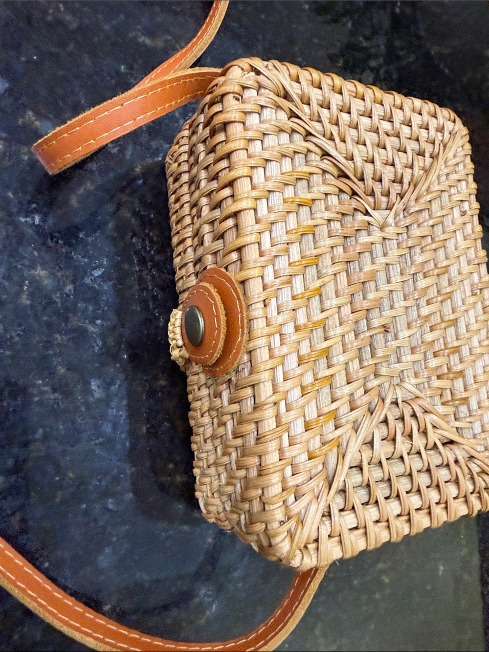 Woven Straw Crossbody Bag with Tan Leather Trim